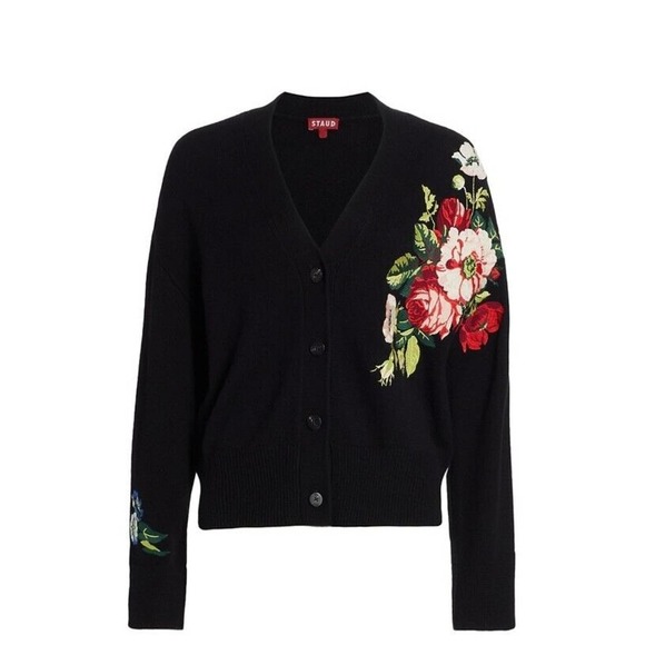 STAUD Rook Floral Embroidered Cardigan in Black Size S - Picture 2 of 12